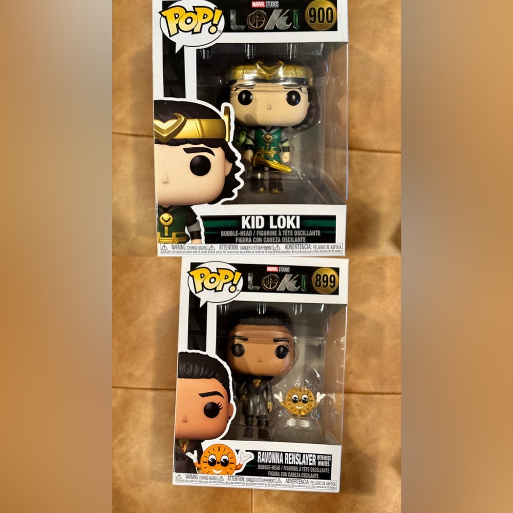 Ravonna Renslayer with Miss Minutes and Kid Loki Funko Pops from “Loki”